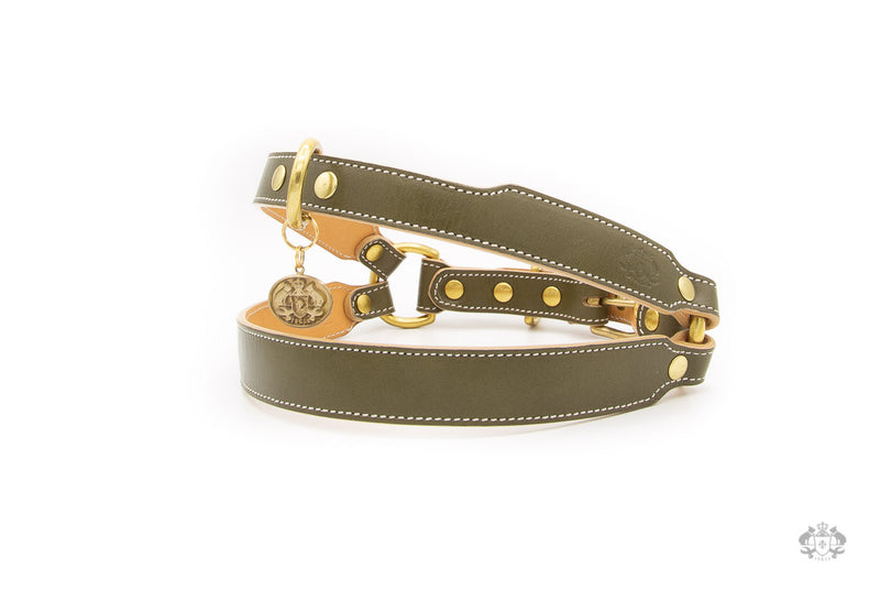 Olive Green Leather Dog Harness